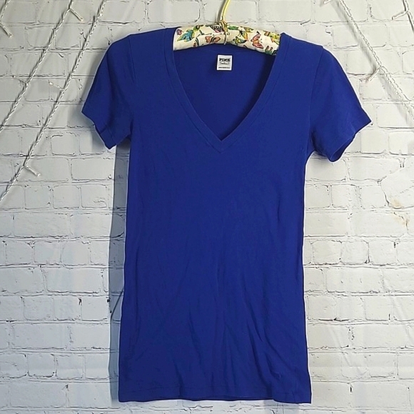 PINK Victoria's Secret Tops - 2012 Victoria's Secret PINK Royal Blue V-Neck Stretch Tee Tshirt Dog Logo Sz XS